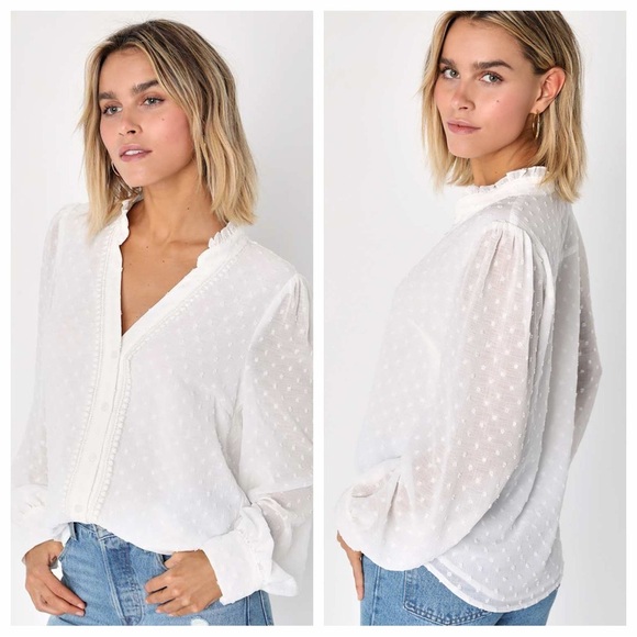 Lulus Tops - Lulu's Delightful Charm White Swiss Dot Button-Up Long Sleeve Top